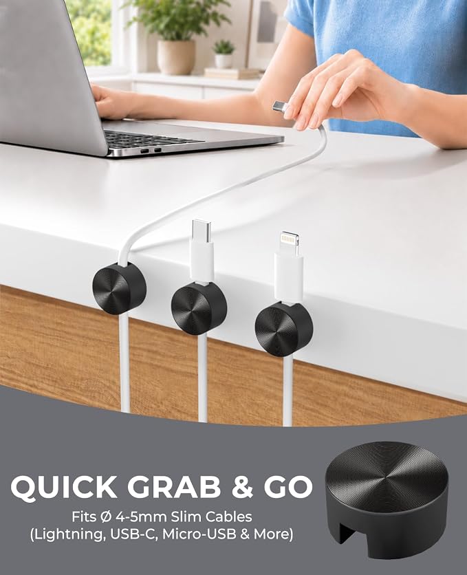 Magnetic Cord Holder Metal Black, Maveek Silicone Cable Clips Magnet Wire Management Cord Organizer for Bedside Table Office Desk Laptop Computer Charging Cables Outdoor Indoor (5 Piece)