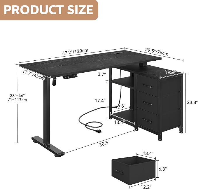 47 Inch L Shaped Desk with 3 Drawers Electric Standing Desks with Storage Computer Table Adjustable Height with Power Outlets 4 Memory Presets for Home Office, Black | with Storage Computer Table Adjustable Height with Power Outlets 4 Memory Presets fo...