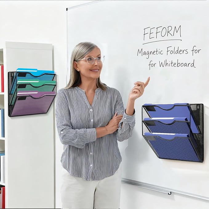 Magnetic File Holder,No Assembly Required & No Drilling,Hanging Magnetic File Organizer,Magnetic Mail Paper Folder Holder for Refrigerator,Whiteboard,File Cabinets (3-Tier)
