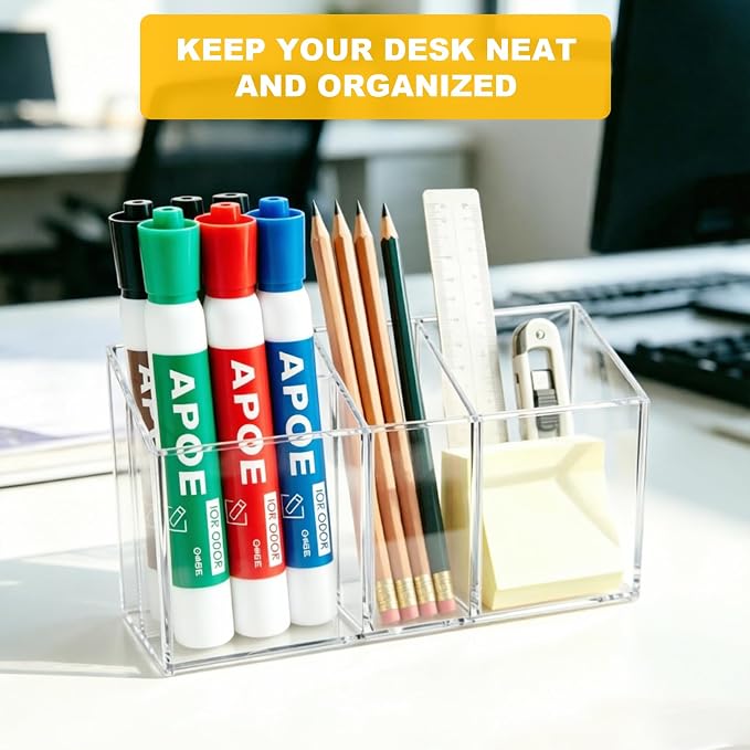 Magnetic Dry Erase Marker Holder for Whiteboard: Clear Pen Holder Organizer | Acrylic Pencil Cup with Strong Magnets for School Locker Organization Fridge Refrigerator Classroom Storage Caddy Desk