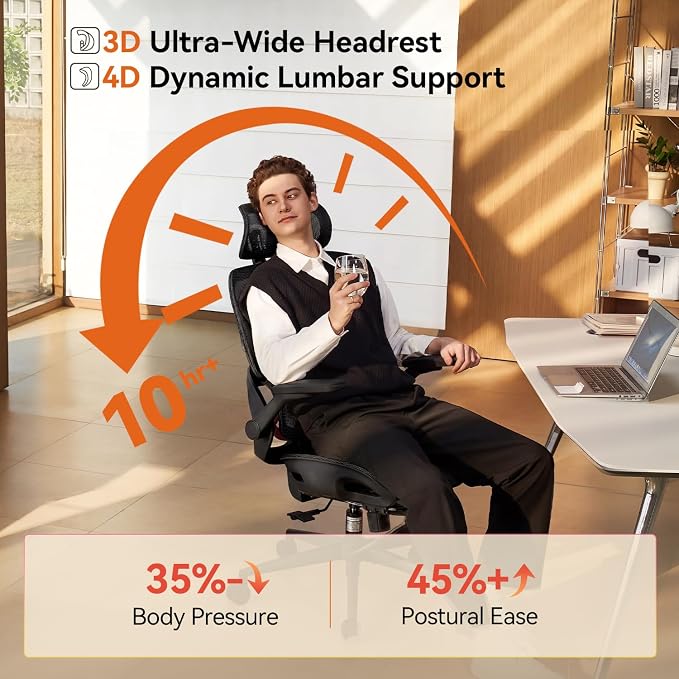 SIHOO B100 PRO Ergonomic Office Chair Without Footrest, Mesh Office Chair with Adaptive Lumbar Support, Computer Chair with Wide Headrest, Desk Chair with 360° Rotatable Flip-Up Armrests, Dark Black