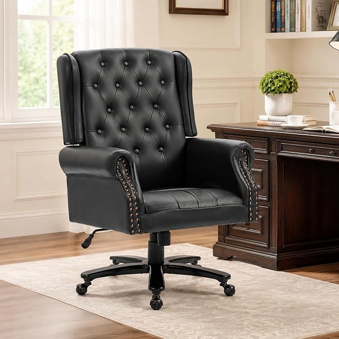 Vintage High Back Wingback Executive Office Chair, Black | Home Desk Chairs with Tufted Nailhead Trim & PU Faux Leather, Heavy Duty Adjustable Rocking Computer Chair for Gaming