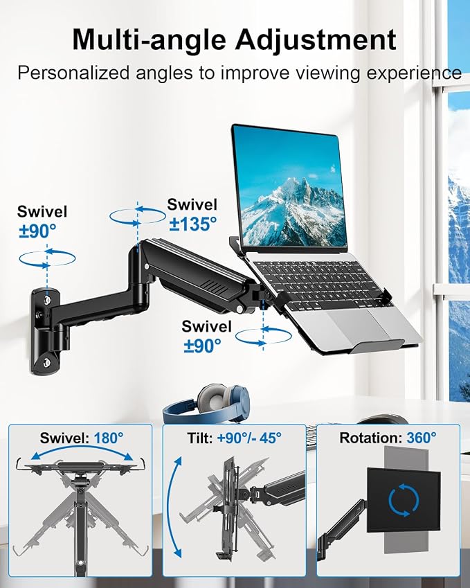 Laptop Wall Mount, 2-in-1 Monitor with Vented Tray | Fits Max 17" Notebook or 13- 32" Computer Screen, Adjustable Laptop Arm Holds 4.4-22lbs, Gas Spring Laptop Holder Stand