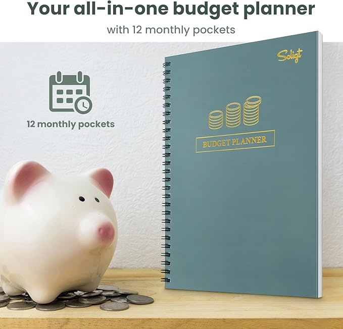 Monthly Budget Planner Book (Undated) with 12 Pockets for Income, Debt, Saving, Expense and Bill Tracker Organizer, Financial Planner for Men and Women, Dark Green, Spiral Design