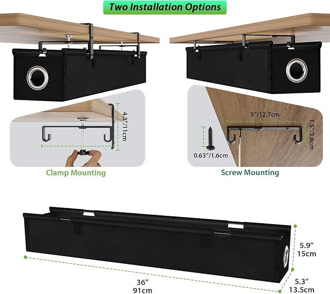 KEEGH Under Desk Cable Management Tray 36", No Drill Cord Organizer, Black | Heavy Duty, Large Capacity, 3-Level Clamp Fit 0"-2.5" Desks, Clamp/Screw Mount, for Home, Office, Gaming, Room, Studio