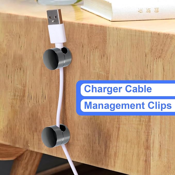 SmallCat 10 Sets Charger Holders for Cords, Black Color Adjustable Cable Anchor Holders, Adhesive Metal Cord Clips, Cable Management Wire Organizers for Desk, Office, Nightstand
