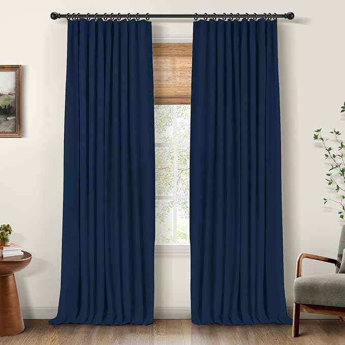 INOVADAY 100% Blackout Curtains for Bedroom, Black Out Curtains 80 Inch Long, Clip Rings Linen Blackout Drapes, Thermal Insulated Room Darkening for Living Room, 2 Panels - Midnight Blue, W50xL80