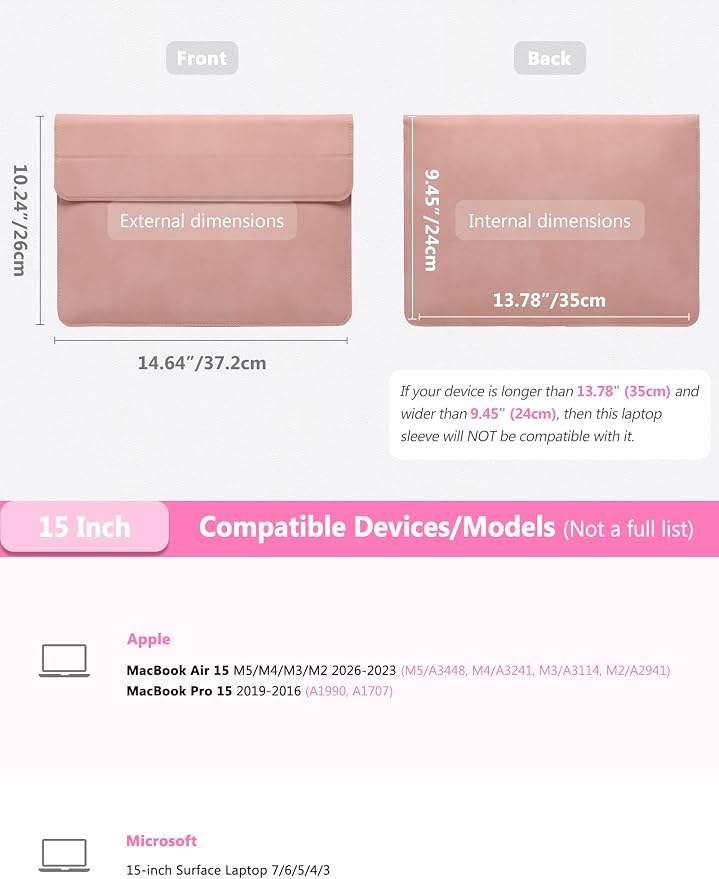 HYZUO 15 Inch Laptop Case Bag Sleeve with Stand for MacBook Air 15 M5 M4 A3241 M3 A3114 M2 A2941 2026-2023, 15" Surface Laptop 7/6/5/4/3, MacBook Pro 15 A1990 A1707 2019-2016, Pink