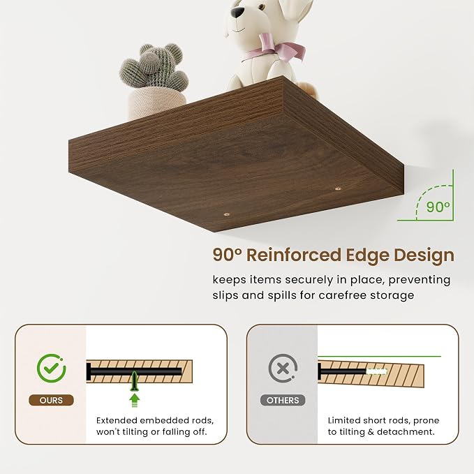 Marsmiles Square Floating Shelves for Wall, 12" W x 12" D x 1.5" H, 3 Pack Small Wall Mounted Engineered Wood Shelves with Invisible Brackets for Living Room, Bedroom, Bathroom, Kitchen Decor, Walnut