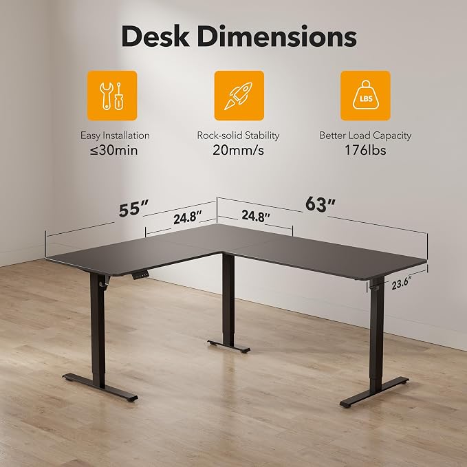 CubiCubi L Shaped Standing Desk 63 x 55 Inch Adjustable Height, Electric Standing Desk, Sit Stand Home Office Desk with Splice Board, Black