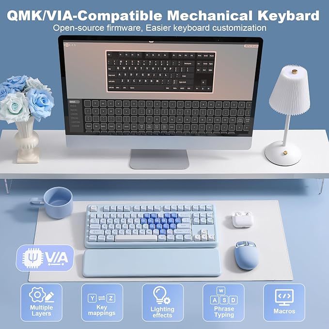 YUNZII B87 Wireless Mechanical Keyboard,QMK/VIA Programmable,TKL Layout 87 Keys,BT/2.4G/USB-C,Hot Swap Gasket Mount RGB Backlit Gaming with Wrist Rest for Win/Mac (Blue Heart, Milk V2)