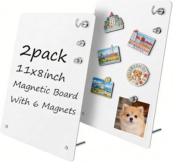 2 Pack Small Magnet Board - White Magnetic Board | 11x8Inch Metal Magnetic Bulletin Board with 6 Magnets, Magnet Display Stand for Home School Kitchen Office
