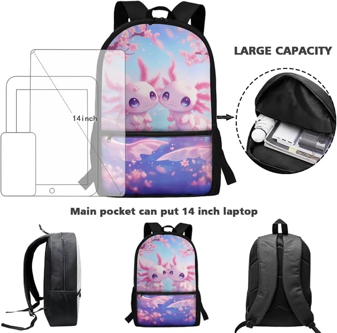 WELLFLYHOM Kid Axolotl School Backpack with Lunch Box for Elementary Girl Back to School Supplies, Pink 17 Inch Cherry Blossom 4 In 1 Bookbag with Wider Strap to Reduce Shoulder Pressure