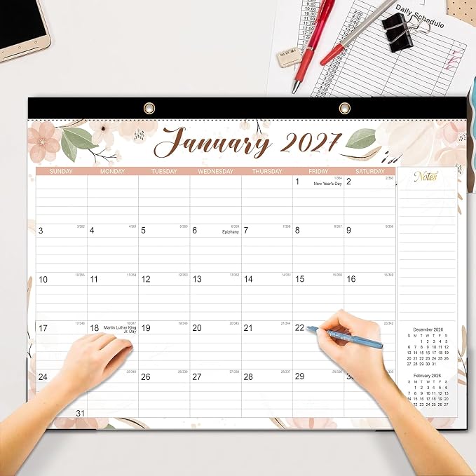 2026-2027 Desk Calendar - 18 Month Desk Calendar 2026-2027, Jul 2026 - Dec 2027, 17" x 12", Large Monthly Desktop Calendar with Daily Blocks, Thick Paper, Corner Protectors - Floral (2 Stickers Included)