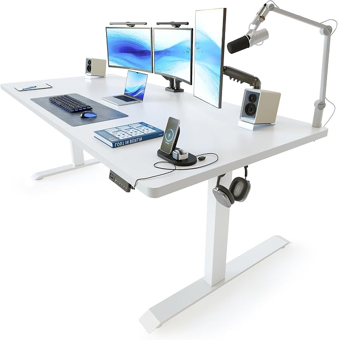 FEZIBO 63 x 37 Inch Electric Standing Desk with Integrated Dual-Beam & Cable Management, Memory Height Adjustable Computer Desk for Home Office Workstation, 1" Thick Large 3-Piece Tabletop White