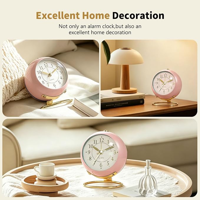 Analog Alarm Clock, Small Retro Desk Clock with Night Light, Backlight Cute Simple Design, Silent Non-Ticking, Battery Powered, for Bedroom,Travel,Kitchen,Bedside Desktop Decor