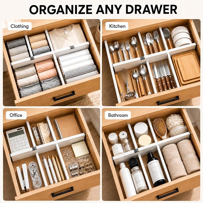 Adjustable Drawer Divider, 1 Pack, Expandable 14.7–21" Drawer Organizer with Non-Slip Ends, Easy Install for Kitchen Drawers, Dressers, Closets & Home Storage, White