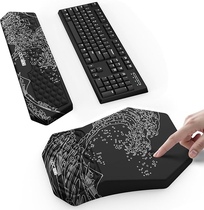 Ergonomic Mouse Pad and Keyboard Wrist Rest Support Set, Massage Design Mousepad for Carpal Tunnel Pain Relief, Memory Foam, Non-Slip PU Base for Computer Desk, Kanagawa Japanese Sea Wave