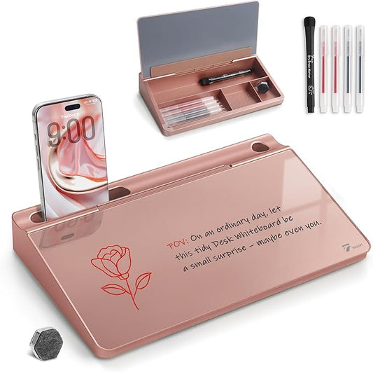 TOWON Small Compact Glass Desktop Whiteboard with Storage – 12 x 7 in Dry Erase Board for Desk, Home Office, School | Includes 5 Markers, Eraser & Holder | Space-Saving Organizer, Aesthetic Rose Gold
