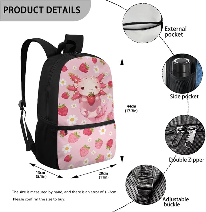 WELLFLYHOM Custom Name Axolotl Girls Backpack Set 6-8 Kids School Book Bag Lunch Box Pencil Case Water Bottle Sleeve Strawberry Daisy Elementary Daycare Bag for School Back to School Gift