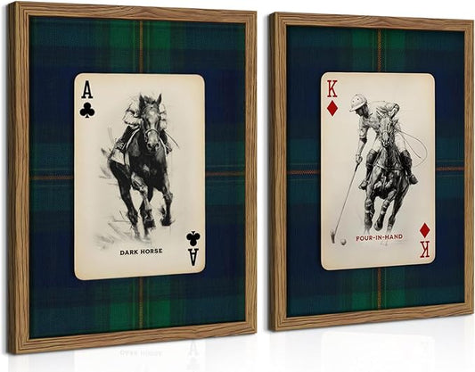 Framed Vintage Playing Card Wall Art Set of 2, Classic Polo Rider and Race Horse Canvas Prints, Retro Equestrian Sketch Poster, Old-Money Sports Wall Decor for Study Home Office Game Room 8x10in