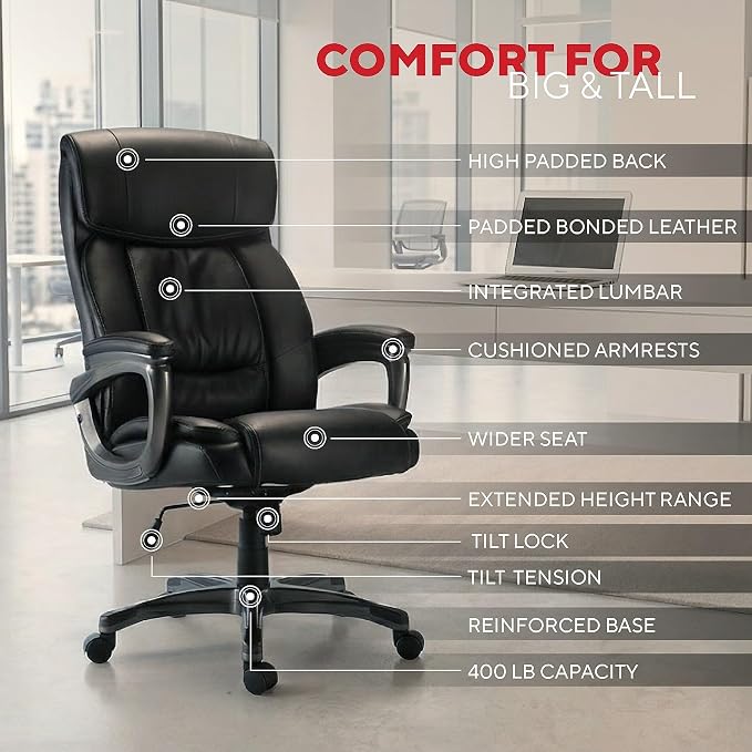 Staples Lockland Ergonomic Managers Office Chair, Big & Tall Cushioned, Adjustable Height, Metal Frame, Bonded Leather, for Workspace, Home, or Gaming, Black