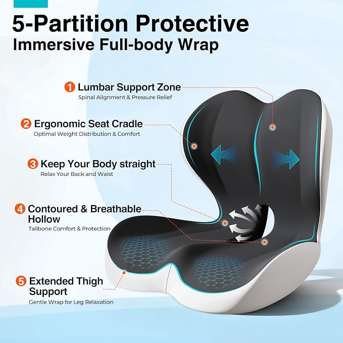 Seat Cushion for Office Chair and Car, L-Shaped Memory Foam Truck Driver Seat Cushion, Ergonomic Sciatica & Tailbone Pain Relief Cushion with Non-Slip Breathable Cover, Back Support for Office Chair
