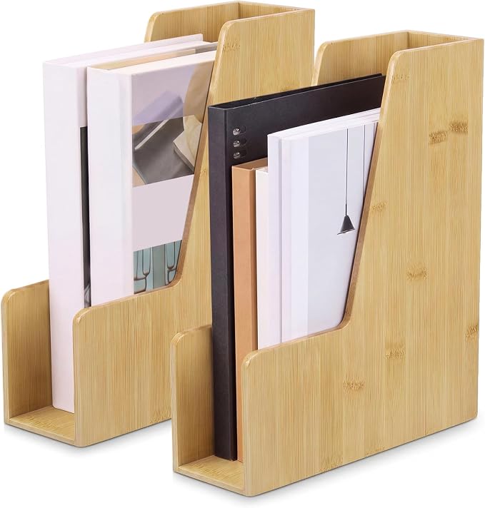 Novabright 2 Pack Bamboo Vertical Magazine File Holder, Desk Holder ＆ Storage Bins Holding for Magazines, Binders, Notebooks, Envelopes, Folders, Multi-purpose Wood Document Organizer for Home Office