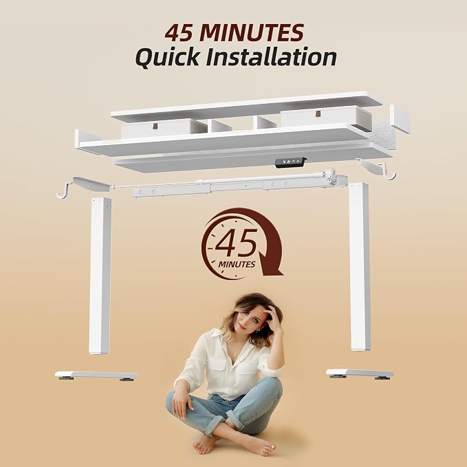TIQLAB Standing Desk with Two Drawers, Stand Up Standing Desk Adjustable Height, Electric Sit Stand Table with Storage Shelf and Splice Board, 63 * 24 inch, White