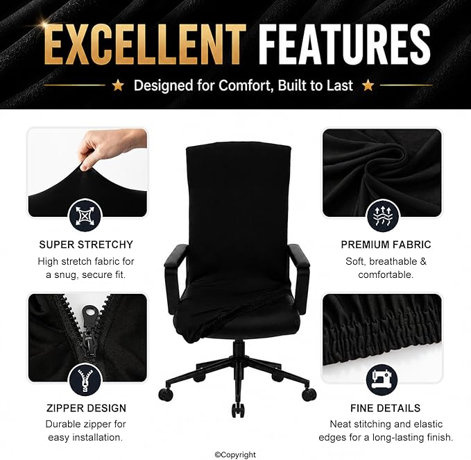 DIVA EN CAMINO DEC Water Resistant Office Chair Cover with Zipper, Stretch Slipcover for Desk, Boss, or High Back Chair, Black
