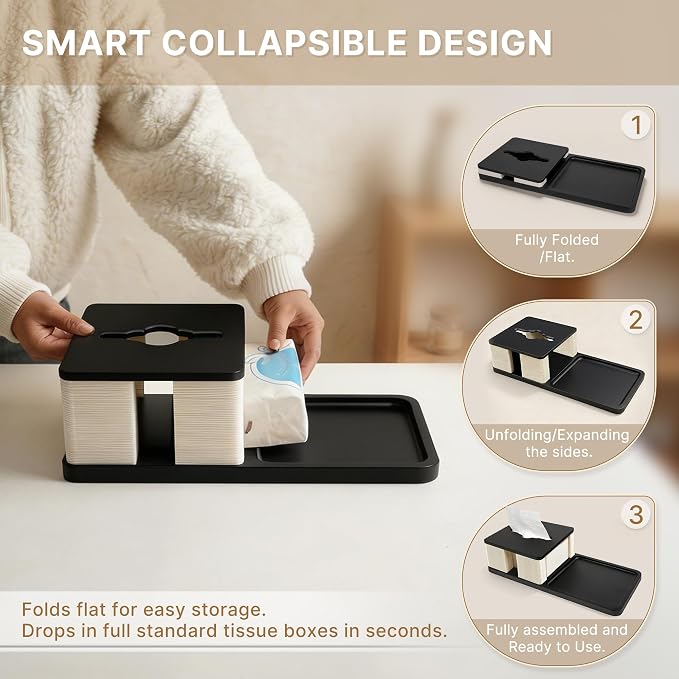 Bamboo Tissue Box Cover Rectangle with Tray, Nightstand & Desk Organizer | Decorative tissue box holder & tissue holder for bedside table; 12.5cm wide opening for easy refills; water-resistant bamboo