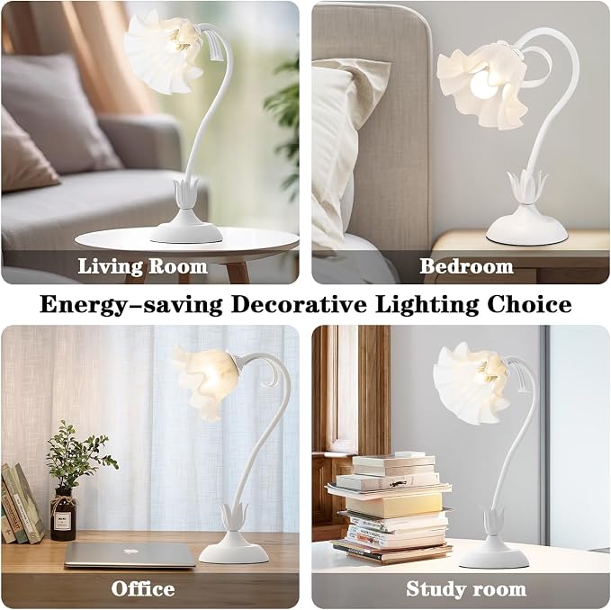 WERFOP Flower Table Lamp, LED Reading Light Vintage Bedside Table Lamp with 3 Color Modes for Nightstand, Kawaii Decoration for Home Bedroom Living Room (White)