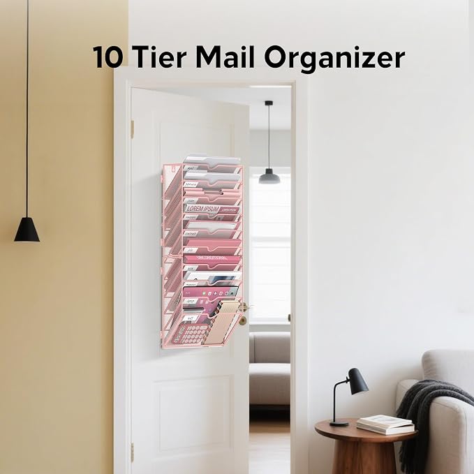 10 Tier Wall File Organizer Office Hanging Mail Holder Wall Mounted, Mesh Paper Document Organizer for Office Home School, Pink