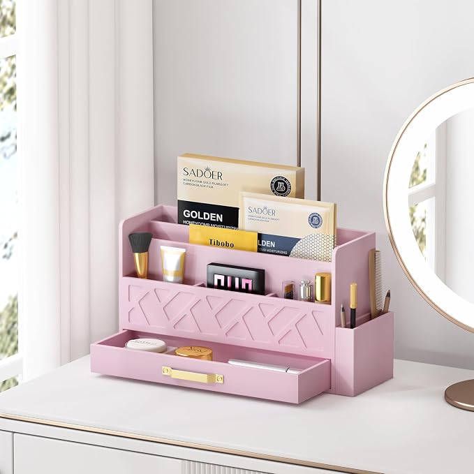 Wisuse Bamboo Desk Mail Organizer with Drawer,Wooden File Bill Sorter Storage Box for Desktop, Letter Countertop Holder for Home,Office,School Organization,Tabletop Accessories Supplies (Pink)
