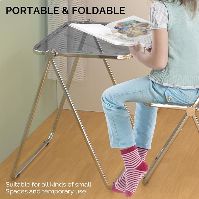 VINGLI Folding Acrylic Table and Chair Set Small TV Tray for Snack Dinner on Couch, Tiny Foldable Desk Writing Desk for Home Office for Small Spaces (Grey)