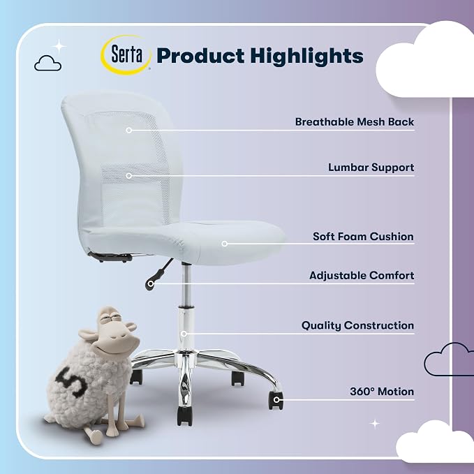 Serta Armless Small Home Desk Chair with Wheel, Ergonomic Mesh Office Chair | Leather and Foam Cusioned Seat, Adjustable Height, Small Vanity Chair for Bedroom and Small Spaces, 360° Swivels, Sky Blue