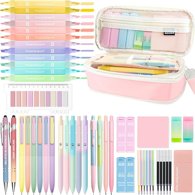 53PCS Aesthetic Office Supplies with Large Pencil Case,12 Pastel Highlighters,5 Black & 6 Color Ink Gel Pens,2 Inspirational Stylus Ballpoint Pens,4 Mechanical Pencils 0.5-0.7mm College Essentials