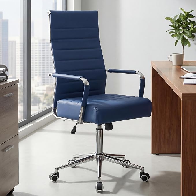 JOMEED Office Desk Chair,Conference Room Chair,High Back PU Leather Swivel | Modern Executive Ribbed Design, Ergonomic, Height Adjustable, Wheels and Arms, for Home Office(Blue-Silver Frame)