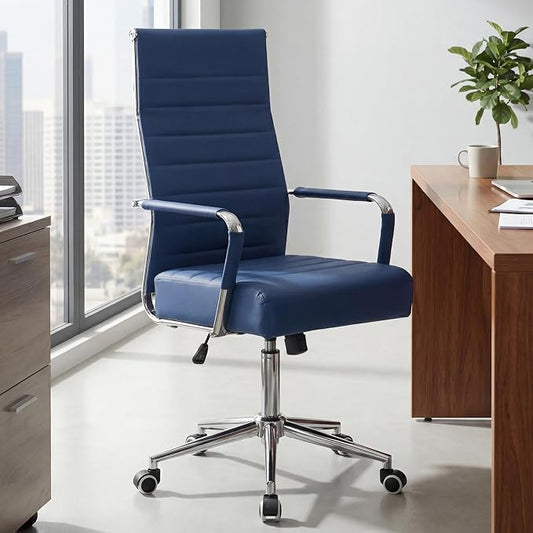 JOMEED Office Desk Chair,Conference Room Chair,High Back PU Leather Swivel | Modern Executive Ribbed Design, Ergonomic, Height Adjustable, Wheels and Arms, for Home Office(Blue-Silver Frame)