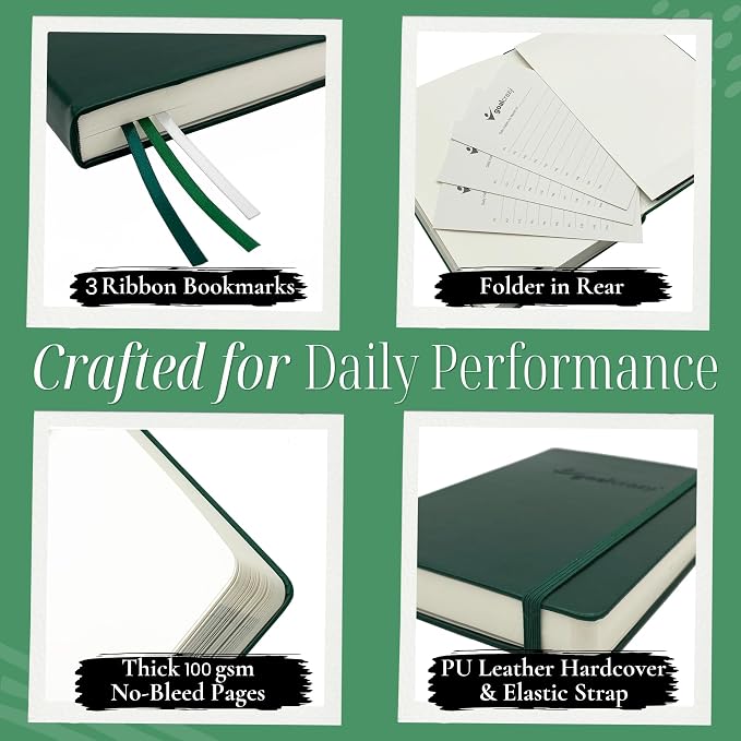 Goal Crazy Undated Daily Planner to Achieve Your Goals - 90 Day Guided Journal & Productivity Organizer with Goal Setting, Habit Tracker, To Do List, Academic & Work Calendar, Leather Hardcover - Forest Green