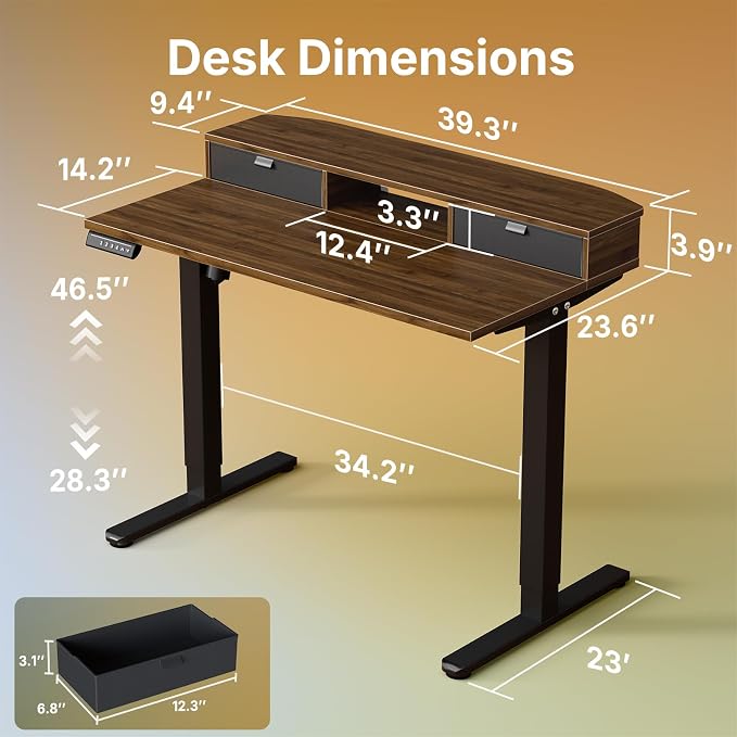 HUANUO 40 x 24 inch Small Electric Standing Desk with 2 Drawers, C-Clamp Mount Compatible, Height Adjustable Sit Stand Desk, Home Office Stand Up Desk with 4 Memory Height Settings, Walnut