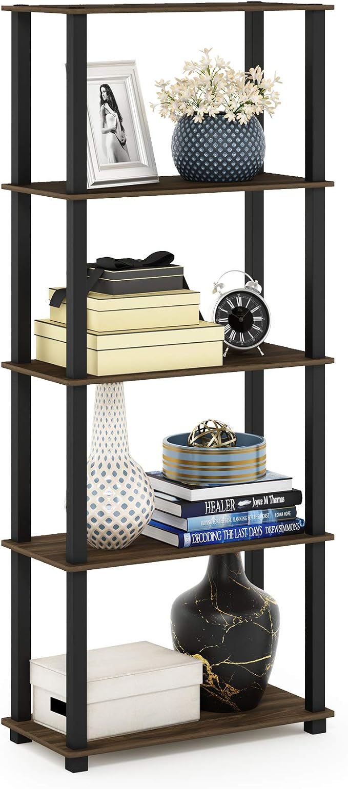 Furinno TURN-S-TUBE Book Shelf, 5-Tier Toolless Storage Shelves with Square Tubes, Shelving Unit for Organization and Storage for Living Room, Home Office, Columbia Walnut