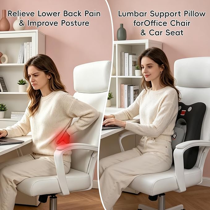 BEBAS Lumbar Support Pillow for Car & Office Chair - Ergonomic Back Support Cushion with Adjustable Memory Foam Bolster, Cute Cartoon Design, Lower Back Pain Relief for Driving & Desk Work - Black