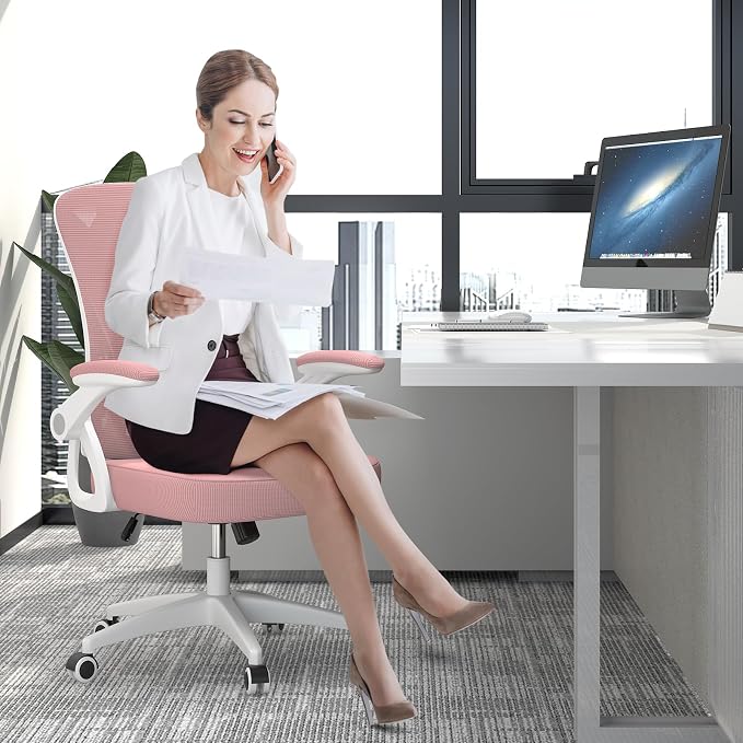 naspaluro Home Office Desk Chair Mid Back with Adjustable Height Pink | Comfy Ergonomic Chair with Flip-Up Arm and Lumbar Support, Breathable Mesh Swivel Computer Chair for Study Working Teacher