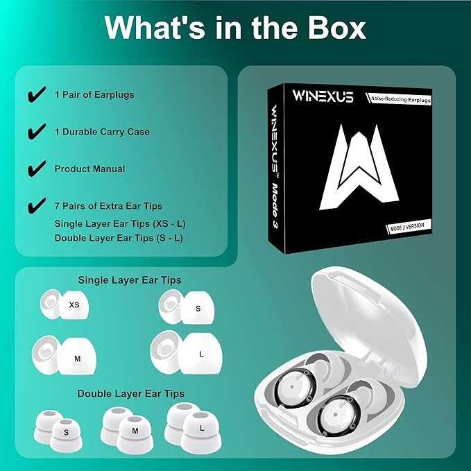 Winexus Adjustable Noise Reducing Ear Plugs for Focus, Travel, Concerts, Festivals & More – Reusable Silicone Earplugs with 3 Modes (17–35dB), 7 Ear Tip Sizes & Magnetic Carry Case, White