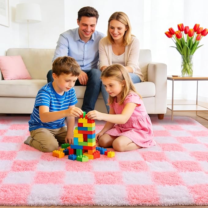 Area Rugs for Living Room Bedroom 9x12, Ultra Fluffy Shag Checkered Rug Modern Washable Carpet Soft Shaggy Non Slip Indoor Plush Fuzzy Rugs for Bedroom Dorm Office Home Aesthetic Decor, Pink and White