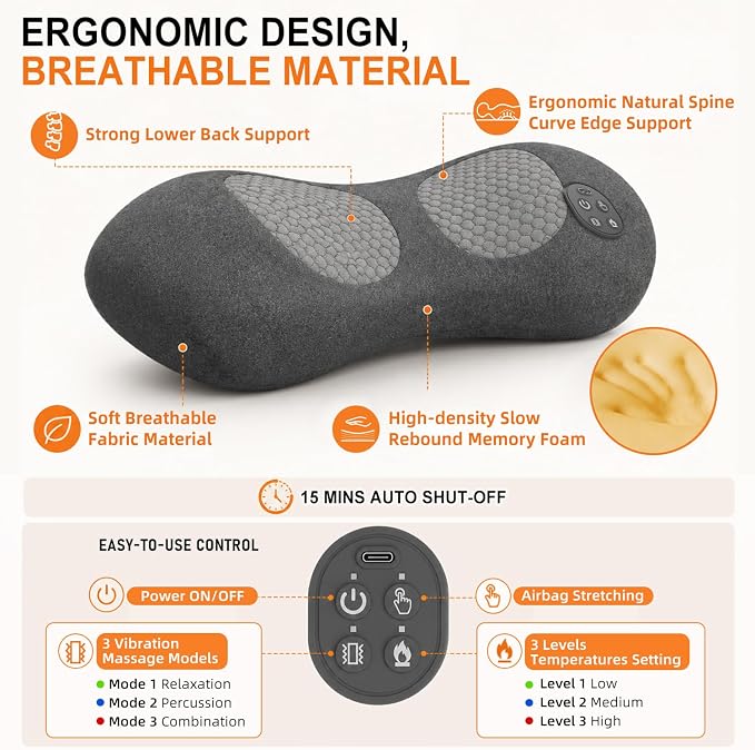 Upgraded 3-in-1 Triple Fusion Back Massager, Cordless Lumbar Support Pillow | with Heat, Massage, Electric Stretch for Pain Relief, Lower Back Massager with 3000mAh Rechargable for Bed Office Chair Car
