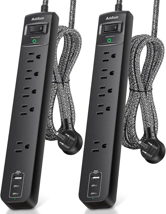 2 Pack Surge Protector Power Strip - USB C Power Strip, Flat Extension Cord with 5 Widely 3 USB (2 USB-C) Ports, Desktop Charging Station for Home Office College Dorm Room Essentials