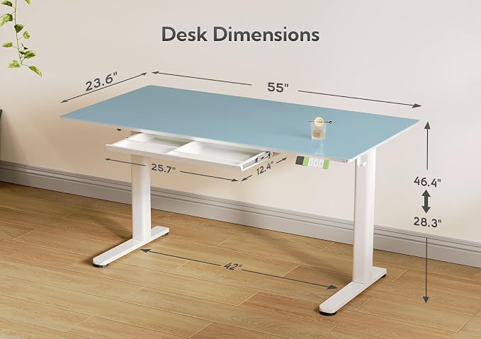 INNOVAR 55×24 Inch Morandi Blue Glass Standing Desk with Drawers | Tempered Glass Top, Ergonomic, Adjustable Height, Stand Up Desk,4 Memory Presets
