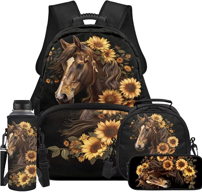 Ystardream Cool Horse Backpack for Girls 6th Grade Kids School Backpack with Lunch Box Set Elementary Student Back To School Bookbag with Water Bottle Sleeve & Pencil Case for Teenager,Black